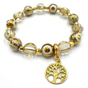 NWT ~ METALLIC GOLD and WHITE LASER ETCHED Stretch Beaded Bracelet